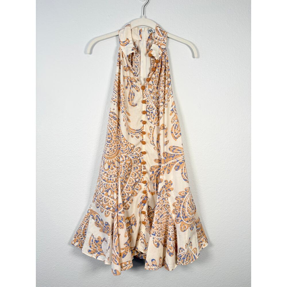Zara Neutral Paisley Print Crochet Button High Neck Trapeze Tunic Mini Dress